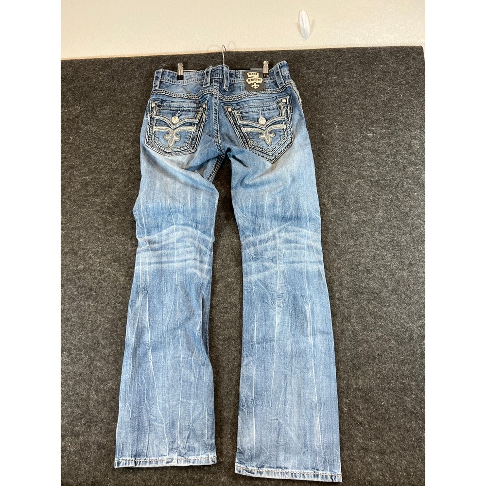 Rock Revival Matthew Boot Cut Jeans Mens 34 Blue Denim Embroidered Flap Pocket